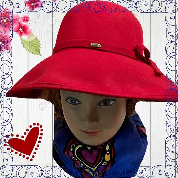 SCALA Wide-Brimmed RED ❤️💋Hat 💯% Wool - Picture 5 of 8